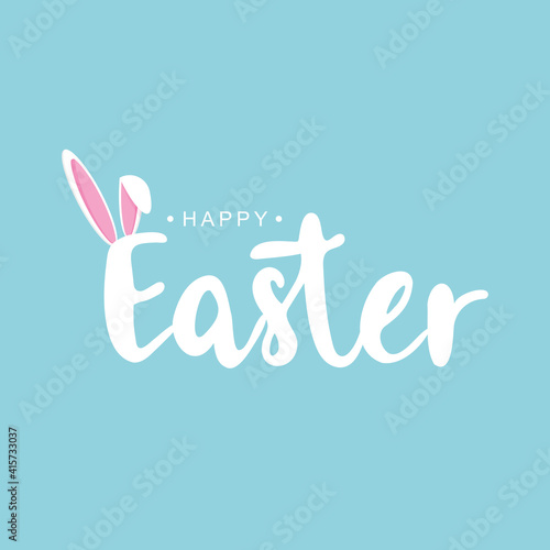 Easter greeting card with bunny or rabbit ears on empty blue background. Place for your text. Vector illustration.