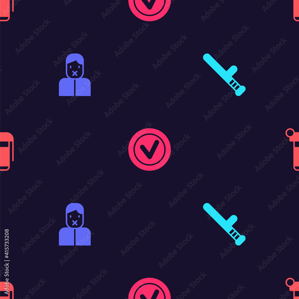 Set Police rubber baton, Censor and freedom of speech, Check mark in round and Hand grenade on seamless pattern. Vector. Set Police rubber baton, Censor and freedom of speech, Check mark in round and Hand grenade on seamless pattern. Vector.