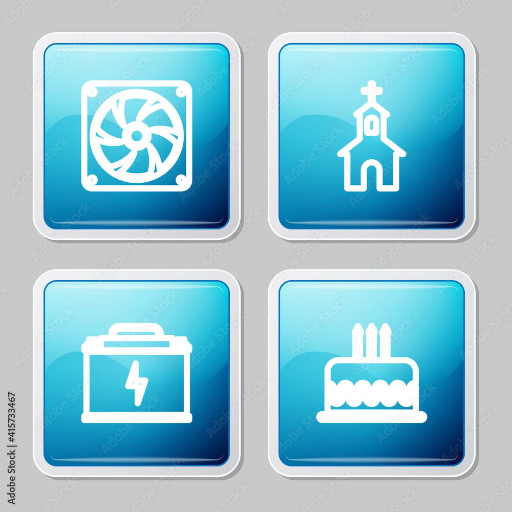 Set line Computer cooler, Church building, Car battery and Cake with burning candles icon. Vector.