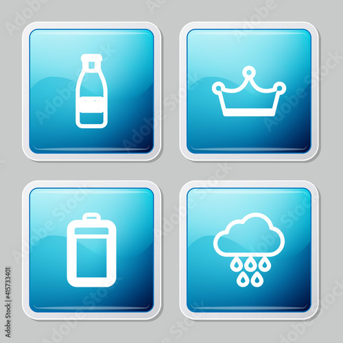 Set line Glass bottle milk and cap, Crown, Battery and Cloud with rain icon. Vector.