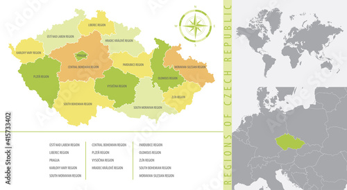Vector map Czech Republic with administrative divisions and location country on the map of Europe, detailed, color illustration
