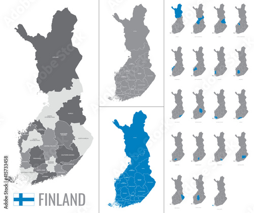 Detailed vector map of Finland regions with flag on white background photo