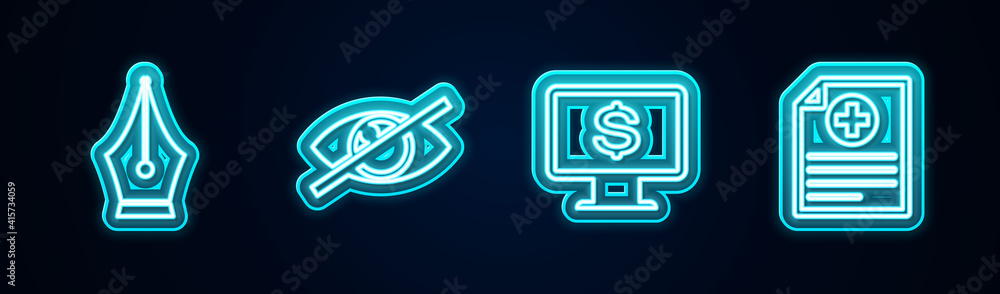 Set line Fountain pen nib, Invisible or hide, Monitor with dollar and Clinical record. Glowing neon icon. Vector. Set line Fountain pen nib, Invisible or hide, Monitor with dollar and Clinical record. Glowing neon icon. Vector.