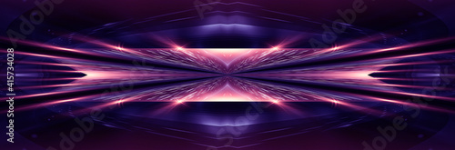 Abstract modern purple neon background. Futuristic rays and moon. Dark LED stage with geometric patterns. Symmetrical reflection, noeon light. 3D illustration. 