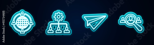 Set line Outsourcing concept, Lead management, Paper plane and Magnifying glass for search people. Glowing neon icon. Vector.