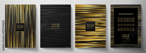 Modern black stripe cover design set. Luxury creative gold dynamic line pattern. Formal premium vector background for business brochure, poster, notebook, menu template 