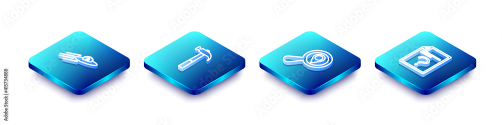 Set Isometric line UFO flying spaceship and alien, Hammer, Search location and Unknown document icon. Vector. Set Isometric line UFO flying spaceship and alien, Hammer, Search location and Unknown document icon. Vector.