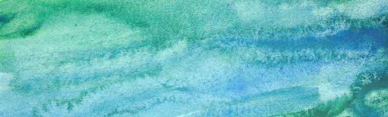 Blue green aquarelle. Hand painted watercolor background. Beautiful turquoise abstract watercolor drawing. Art background with copy space for design. Web banner.