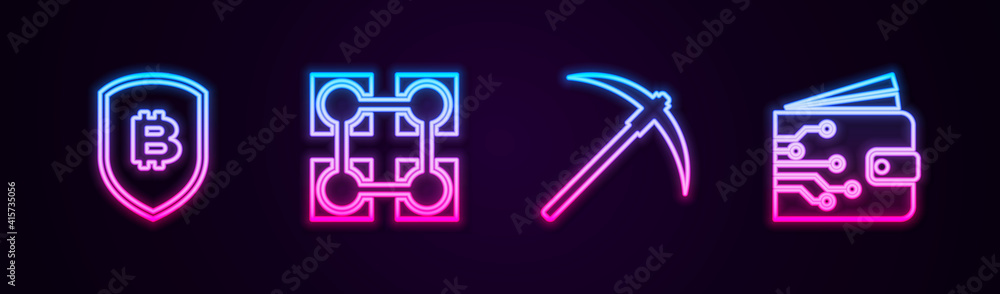 Set line Shield with bitcoin, Blockchain technology, Pickaxe and Cryptocurrency wallet. Glowing neon icon. Vector. Set line Shield with bitcoin, Blockchain technology, Pickaxe and Cryptocurrency wallet. Glowing neon icon. Vector.