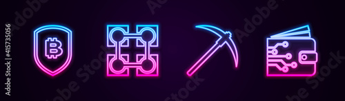Set line Shield with bitcoin, Blockchain technology, Pickaxe and Cryptocurrency wallet. Glowing neon icon. Vector.