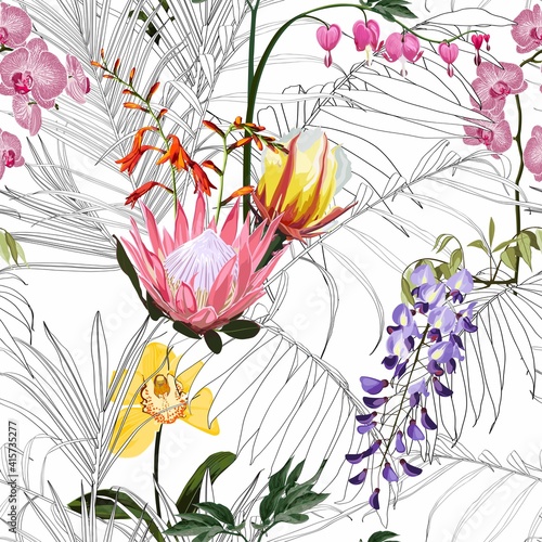 Exotic flowers and leaves. Seamless tropical pattern, vintage background. Backdrop with palm  line leaves and flowers.