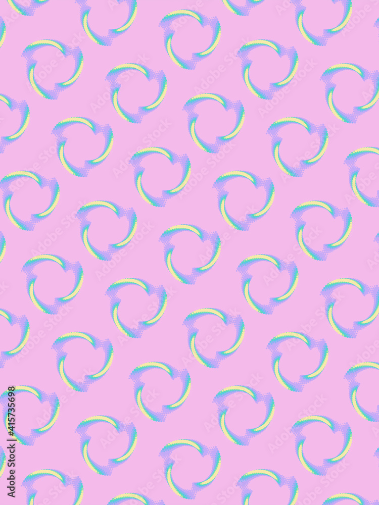 Abstract multicolored geometric pattern of impossible circular shapes on pink background 3d render digital illustration