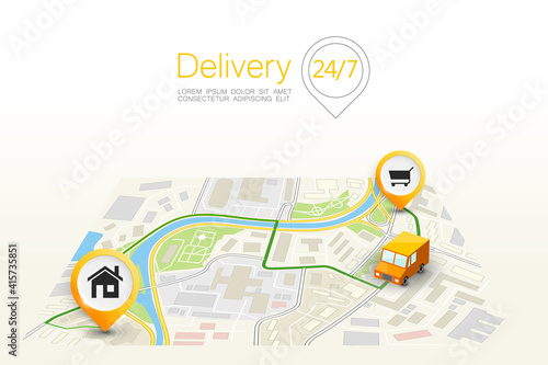 City map navigation delivery route, point markers delivery van, drawing schema itinerary delivery car, city plan GPS navigation, itinerary destination arrow city map Route delivery check point graphic