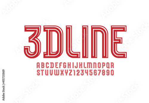 3D modern Font, trendy red alphabet, condensed letters and numbers with line, vector illustration 10eps