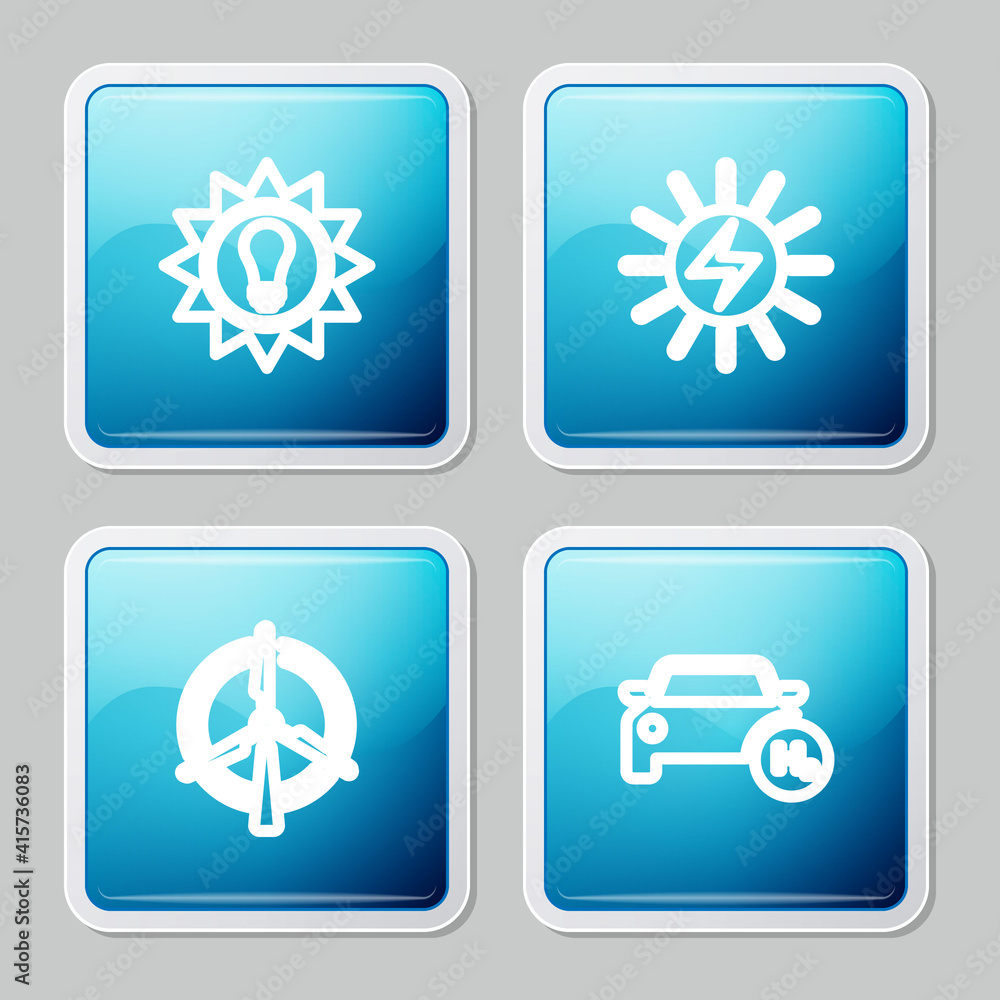 Set line Solar energy panel, , Rotating wind turbine and Hydrogen car icon. Vector.