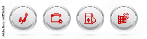 Set line Signature, Car battery with recycle, Bio fuel fueling nozzle and Solar energy panel and sun. Silver circle button. Vector.