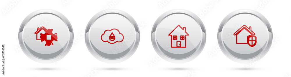 Set line Smart home, Humidity, House and under protection. Silver circle button. Vector. Set line Smart home, Humidity, House and under protection. Silver circle button. Vector.