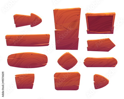 Wooden buttons and boards for ui game, gui elements isolated on white background. Vector cartoon kit of brown wood banners, menu buttons, arrow and banners for mobile game
