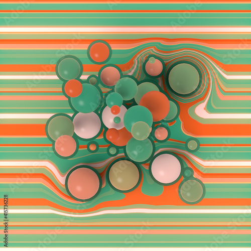 Abstract composition of a group of stroked balls on a striped distorted surface. 3d rendering digital illustration