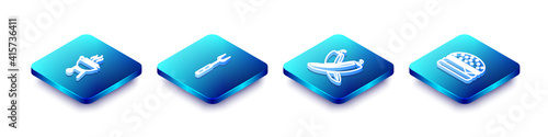 Set Isometric line Barbecue grilled shish kebab, fork, Crossed hot chili pepper pod and Burger icon. Vector.