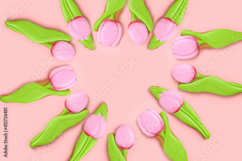 . Tulip-shaped confectionery gingerbread. Festive creative postcard. Concept until Spring Day, Women's Day, Valentine's Day