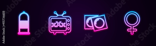 Set line Condom safe sex, Sex tv old television, Condoms in package and Female gender symbol. Glowing neon icon. Vector.