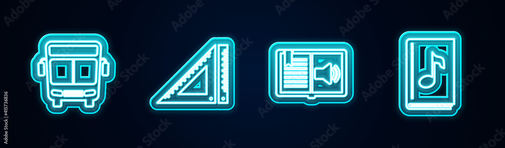 Set line Bus, Triangular ruler, Audio book and . Glowing neon icon. Vector. Set line Bus, Triangular ruler, Audio book and . Glowing neon icon. Vector.