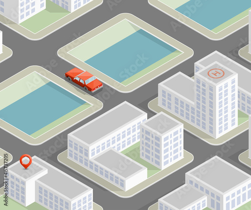 Flat isometric automobil city. Online navigation application auto service. Isometry car, flat isometric route town. 3D car classic vehicle itinerary road city. Get a motor online phone application
