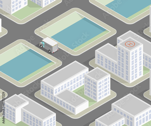 Isometric 3d city delivery van. Cargo truck transportation route, Fast delivery logistic 3d carrier transport, flat isometry city freight car infographic. Low poly style isometry vehicle truck town