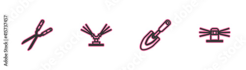 Set line Gardening handmade scissor, trowel spade shovel, Automatic irrigation sprinklers and icon. Vector.