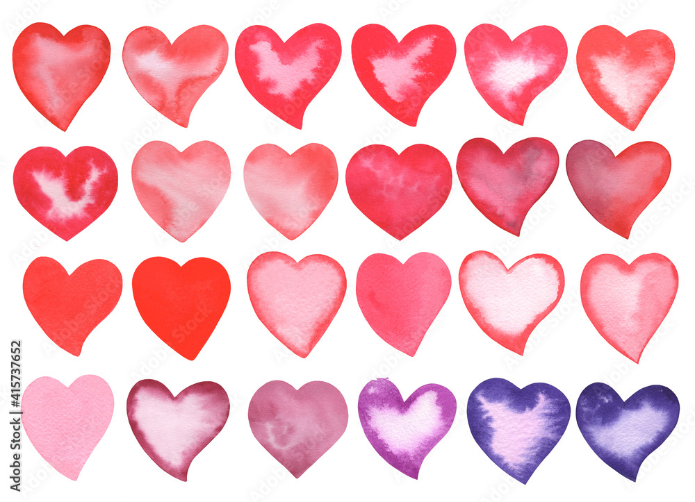Watercolor Red, Pink and Violet Love Valentine's day Hearts