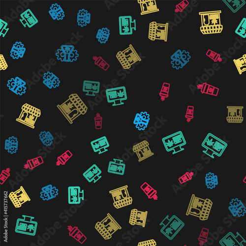 Set line Test tube with marijuana, Online buying, Marijuana and cannabis store and Cup coffee on seamless pattern. Vector.