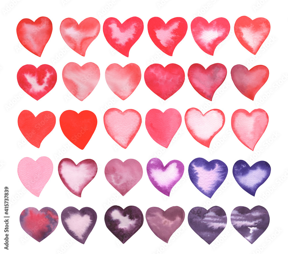 Watercolor Red, Pink and Violet Love Valentine's day Hearts