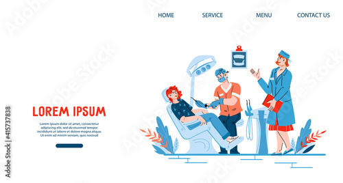 Website page template for dental clinic with characters of dentists and their patient in dental care office, cartoon vector illustration. Web banner mockup for dentistry and stomatology.