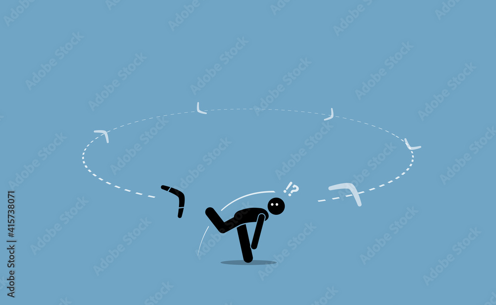 Man throwing a boomerang and surprised when it flew back to hit him from the back. Vector