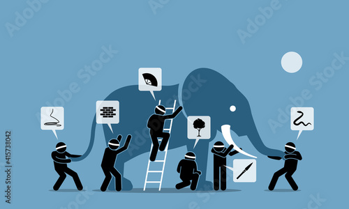 Six blind men touching an elephant. Vector illustrations depict six blindfolded people with different perceptions, impressions, ideas, opinions, beliefs, and interpretation towards an elephant. photo