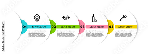 Set line Canteen water bottle, Crossed wooden axe, Thermos container and Wooden. Business infographic template. Vector.