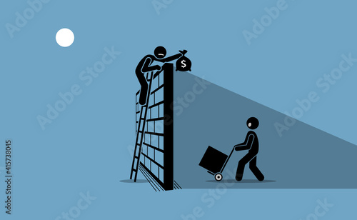 Free trade or fair trade restriction metaphor. Vector illustration of buyer and seller business exchange over a wall or barrier. Concept of regulation, obstacle and issue of international trade.