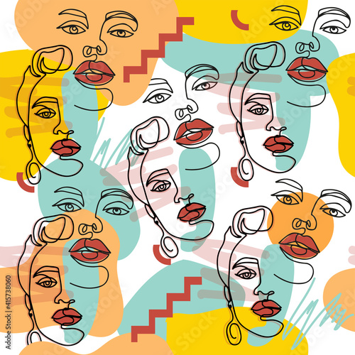 Portrait of a young girl abstract style seamless pattern. Continuous line drawing.  One line face art vector illustration isolated