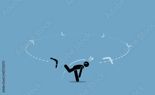 Man throwing a boomerang and surprised when it flew back to hit him from the back. Vector illustration depicts execution problem, karma, bad luck, after effect, repercussion, and consequences. photo