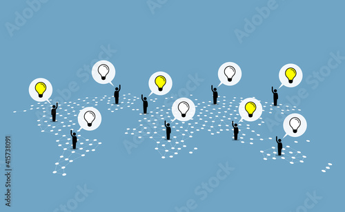 People around the world helping and giving ideas. Vector illustration concept of humanity, global participants, volunteer, diversity, international interactions, community communications, and unity.