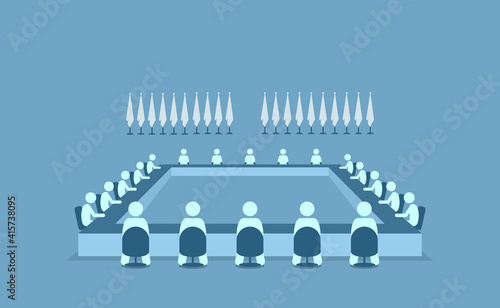 Leaders from different countries sitting together to meet and discuss about important matters. Vector illustrations depict global meeting, conference group, international issue, and council meeting.