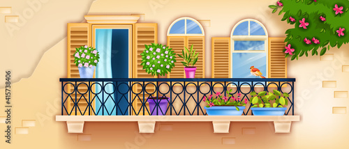 Spring vector balcony window, old town facade illustration, blossom branches, brick wall, flowerpots, plants. Vintage house exterior architecture background, shutters, flowers. Italian balcony window