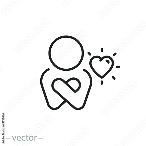 your self care icon, love my body and life, positive inspiration, yourself relationship, happy selfish person, thin line symbol on white background - editable stroke vector illustration