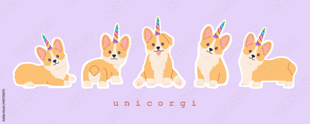 Sticker set of kawaii welsh corgi unicorn with colourful rainbow horn, little fun magic pet dog with cute smiling face. Puppy collection. Hand drawn trendy modern illustration in flat cartoon style Sticker set of kawaii welsh corgi unicorn with colourful rainbow horn, little fun magic pet dog with cute smiling face. Puppy collection. Hand drawn trendy modern illustration in flat cartoon style