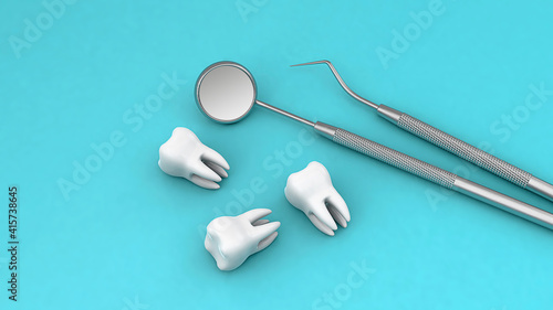 Teeth and dental instrument. Dental mirror and hook with teeth on a green background. 3d render