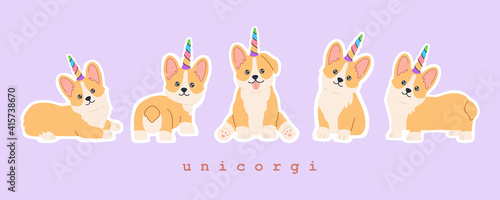 Sticker set of kawaii welsh corgi unicorn with colourful rainbow horn, little fun magic pet dog with cute smiling face. Puppy collection. Hand drawn trendy modern illustration in flat cartoon style