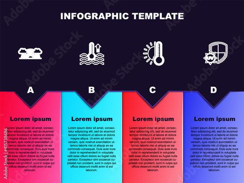 Set line Rainbow with clouds, Water thermometer, Thermometer sun and UV protection. Business infographic template. Vector.