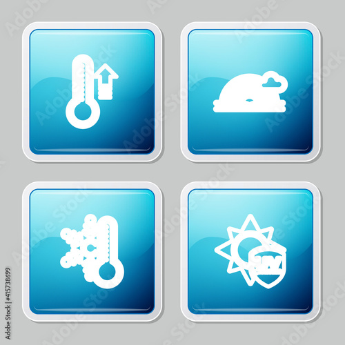 Set line Meteorology thermometer, Rainbow with cloud, Thermometer snowflake and UV protection icon. Vector.