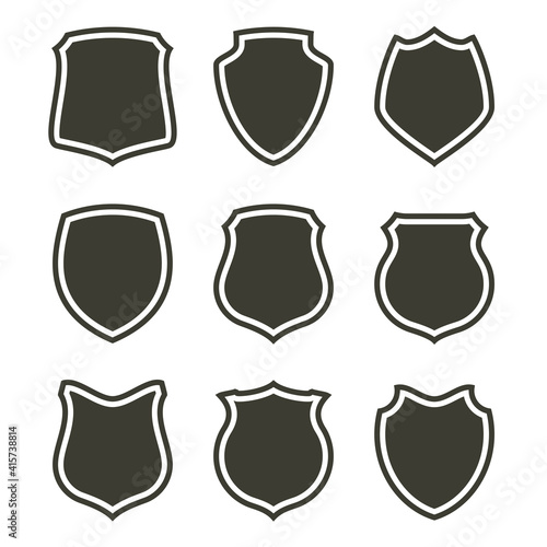 Protect guard shield plain line concept. Outline shield badge. Safety icon set. Privacy banner kit. Security label. Flat style protect sticker symbol shape. Safeguard simple sign. linear pictogram
